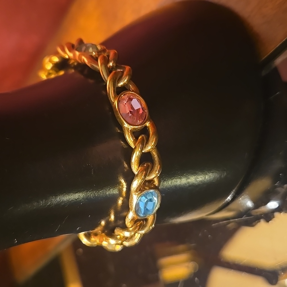 Vintage Swarovski Swan Logo Gold-tone Multi-color Crystal Chain Bracelet 7.25" - Picture 7 of 13